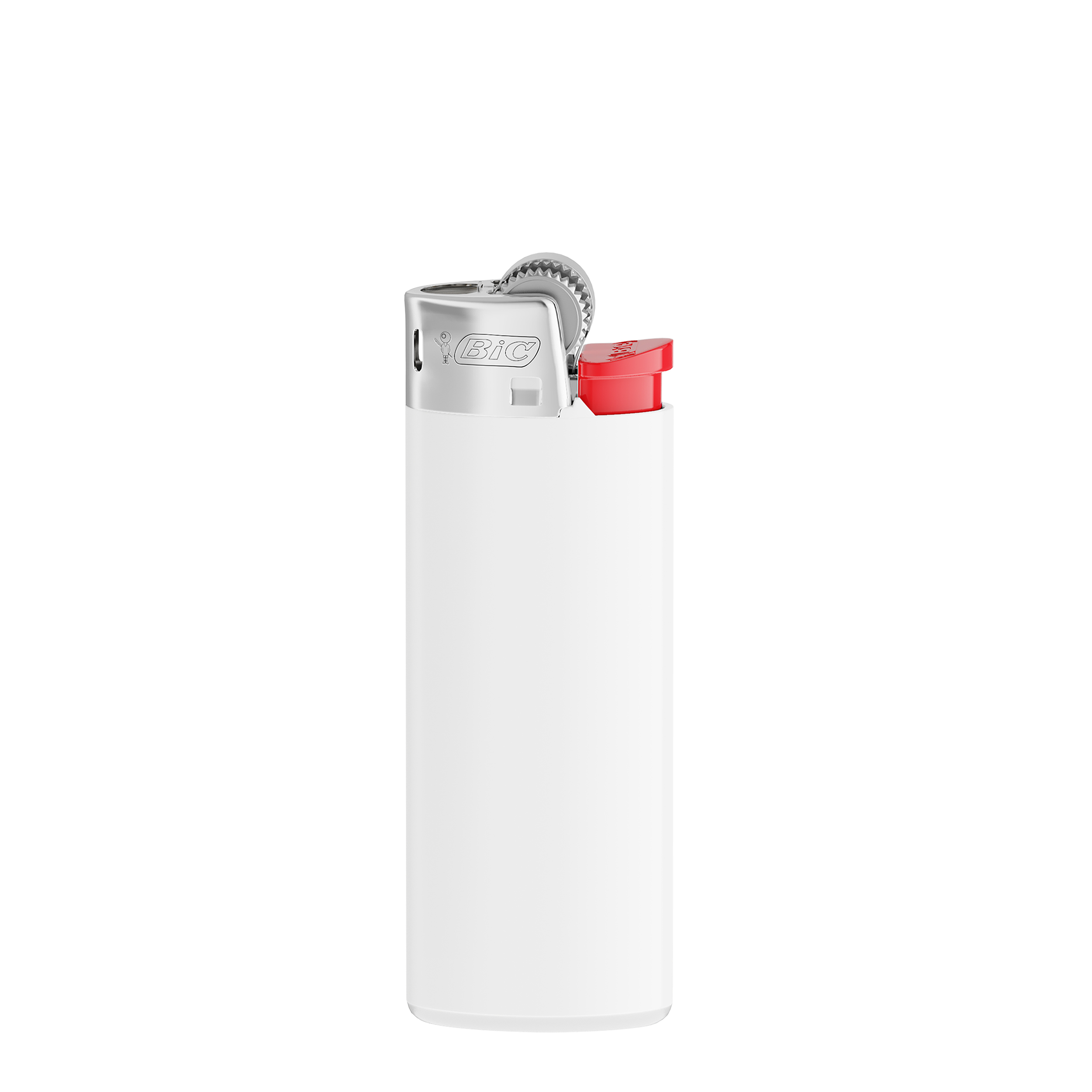 Briquet personnalisé BIC® J25 Standard Couleur Corps blanc opaque - base blanche - poussoir rouge - capot chromé